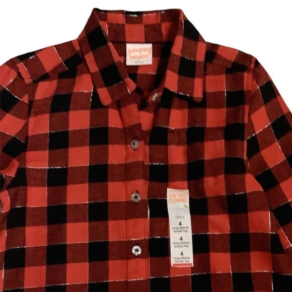 New Girls Size 4 Jumping Beans Red & Black Plaid Shirt with Long Sleeves - Picture 3 of 7